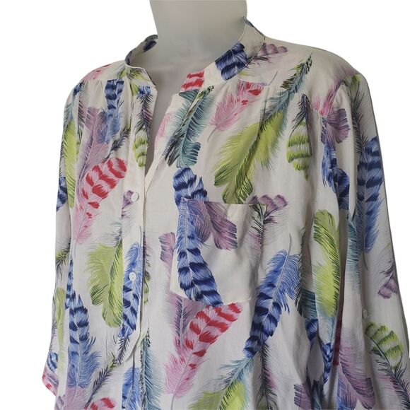 Depri Feather Novelty Print Blouse Size L Multi-colored Mandarin Neck 3/4 Sleeve - Picture 7 of 8